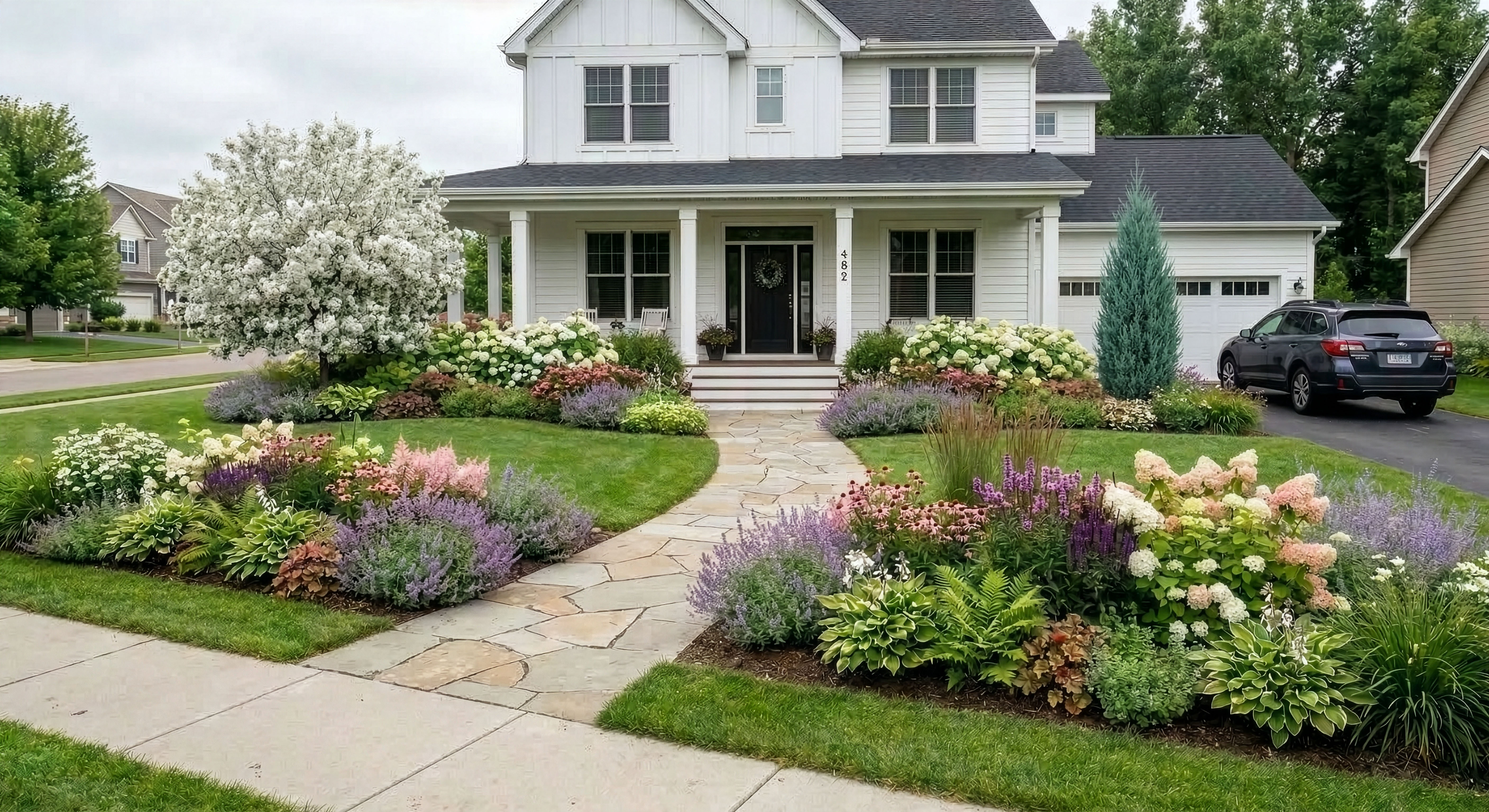 A front yard with new planting zones around the entry