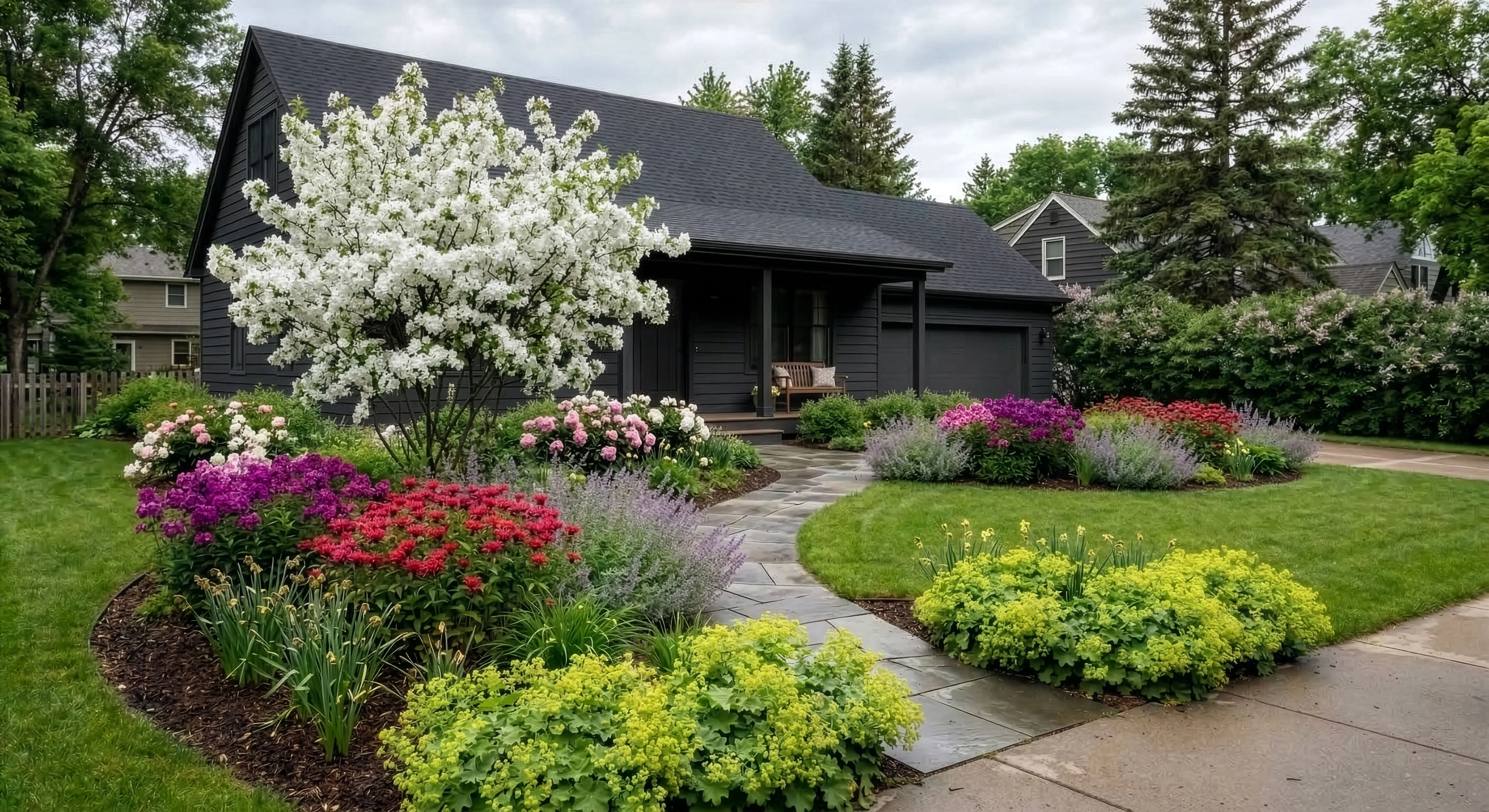 Island beds with white crabapple tree and vivid spring color against a near-black house exterior
