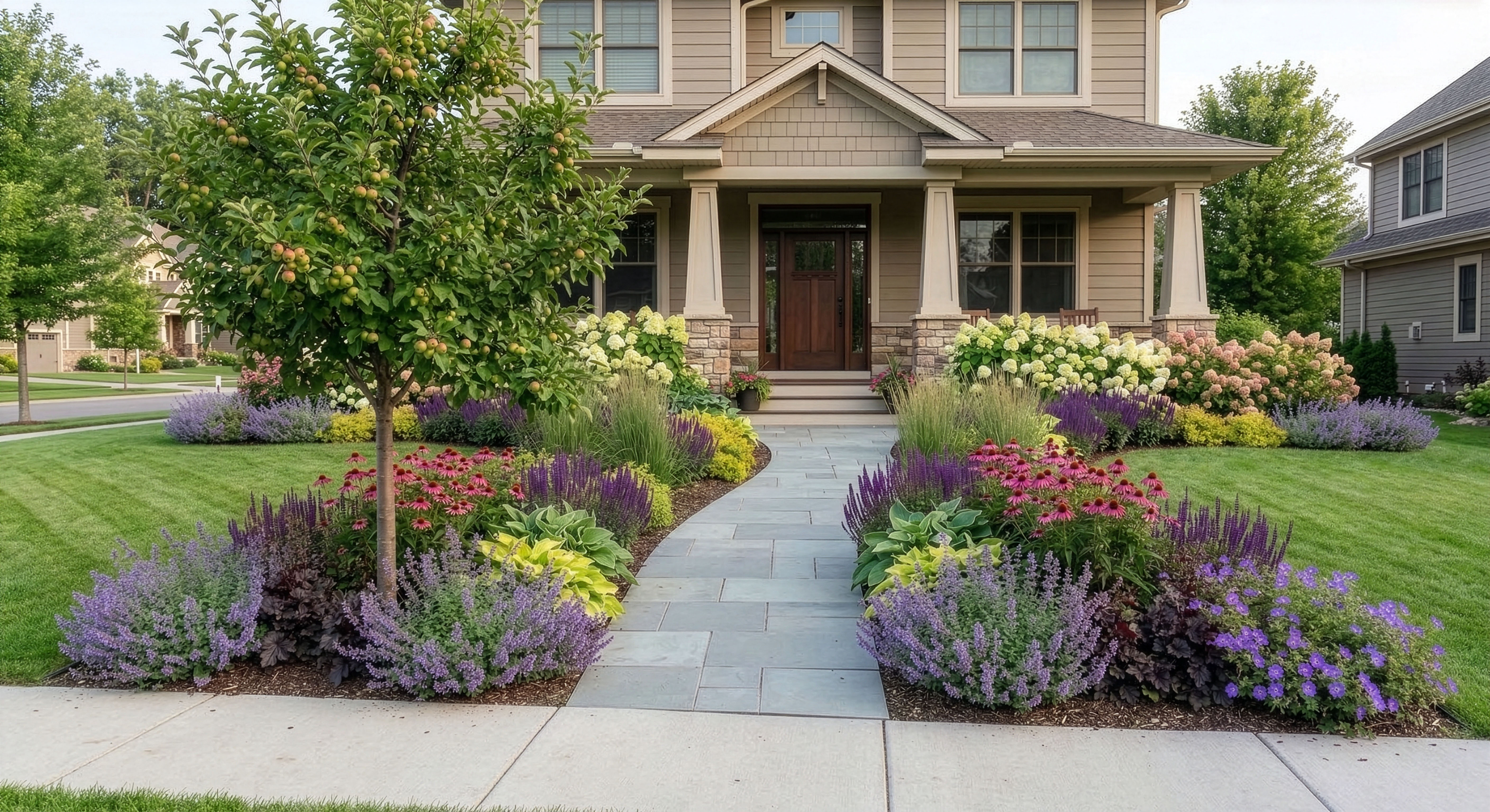 Front yard planting design with a clearer entry focal point