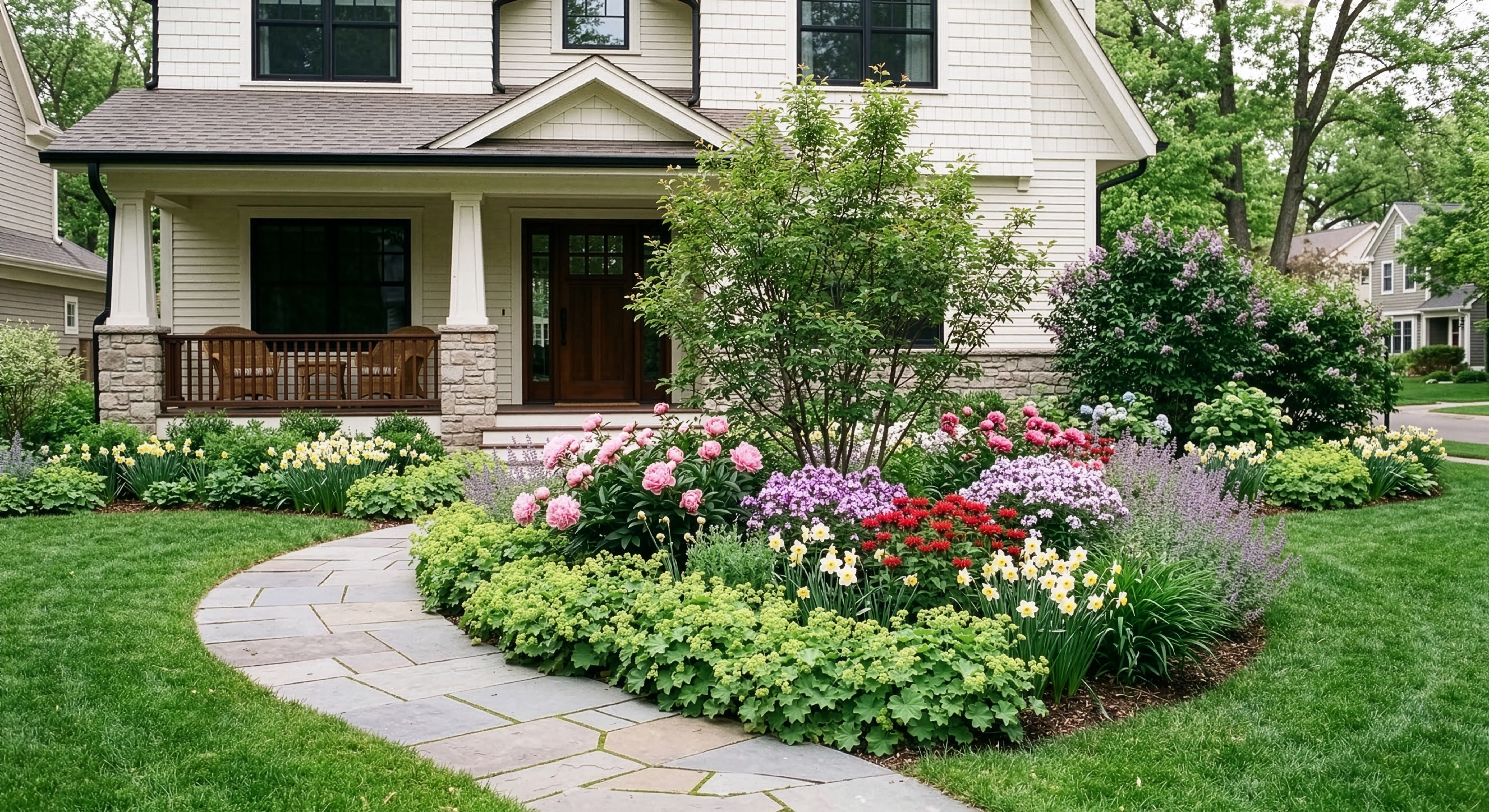White craftsman with a circular island bed of pink peonies, yellow daffodils, catmint, and a multi-stem flowering tree