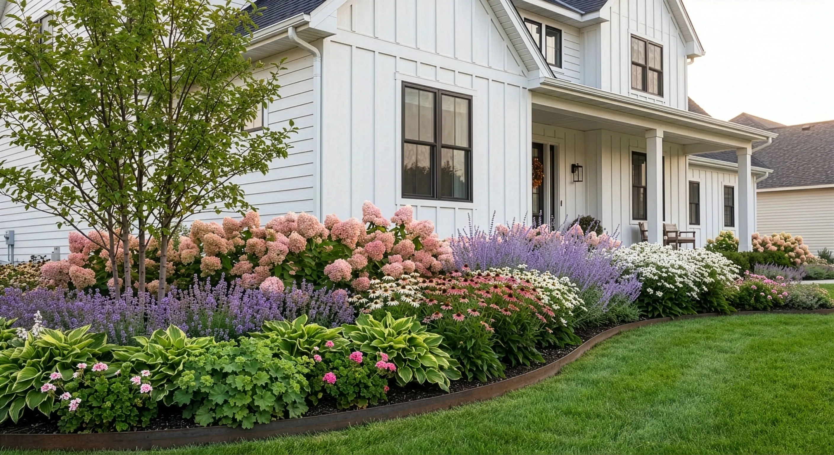 Cottage Garden front yard with layered abundant plantings