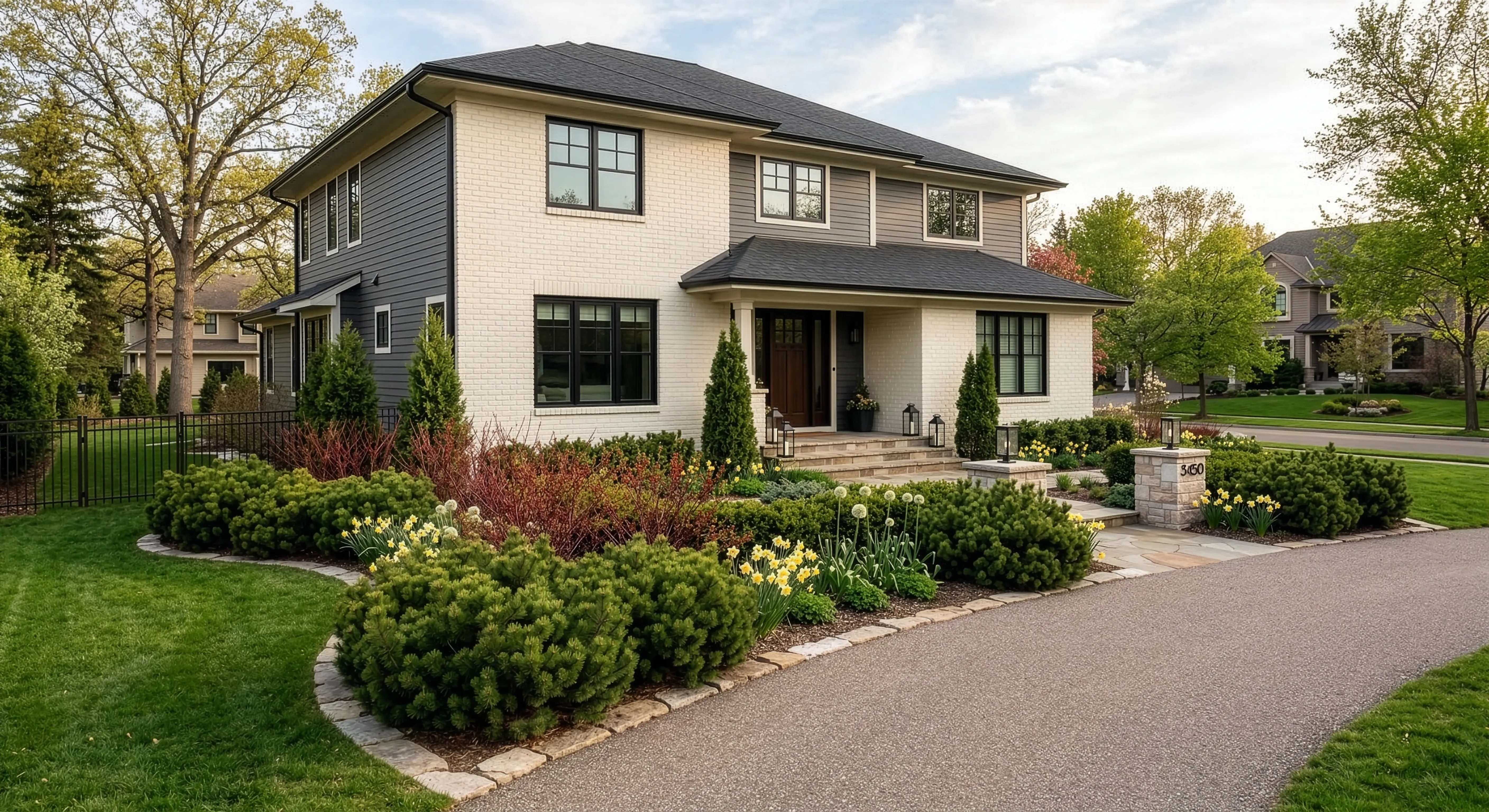 Contemporary home with stone-edged foundation beds, low mounded evergreens, columnar arborvitae at the entry, and yellow spring daffodils