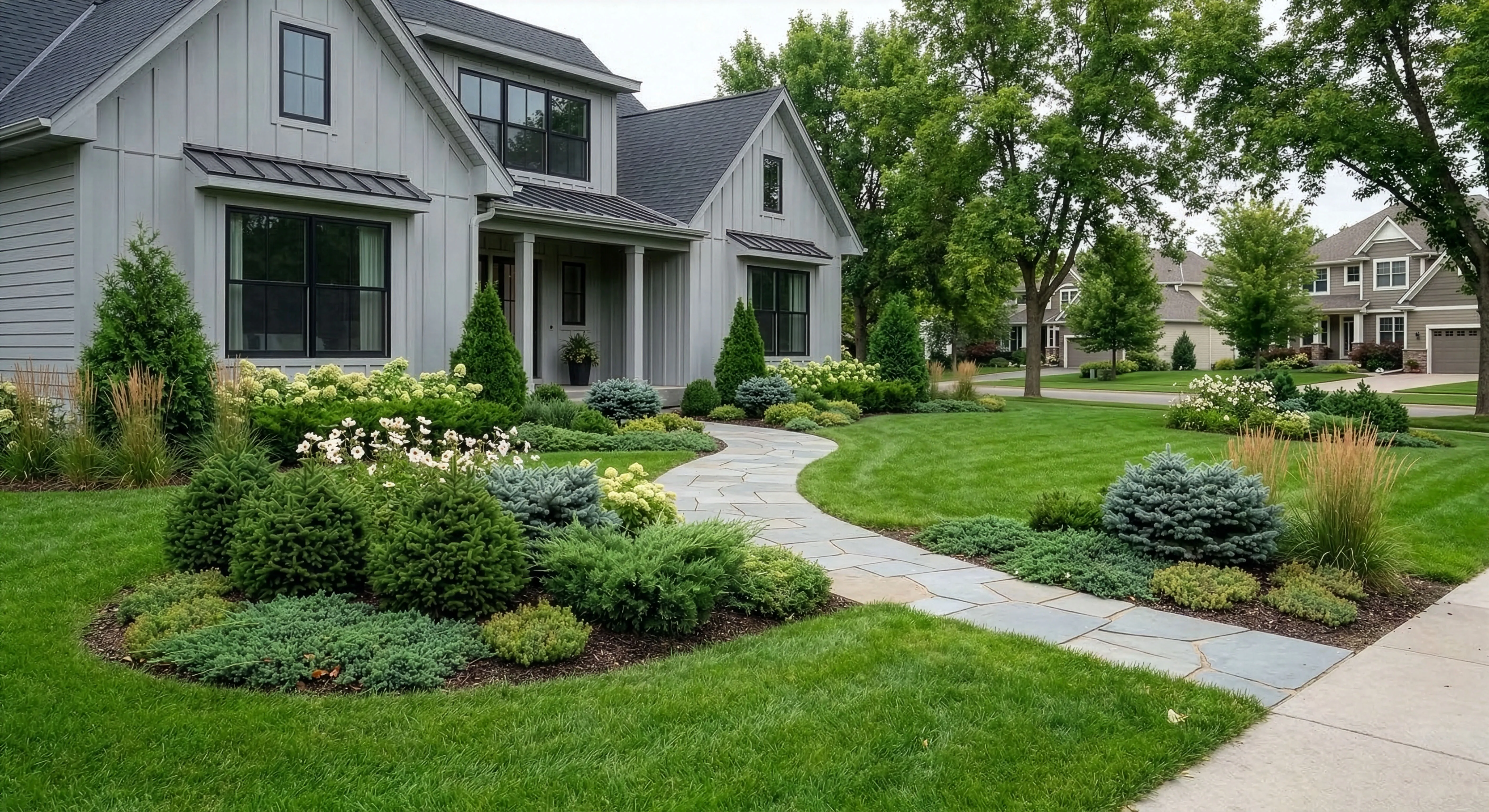 Gray modern farmhouse with sweeping beds of columnar arborvitae, globe spruce, and low spreading blue juniper