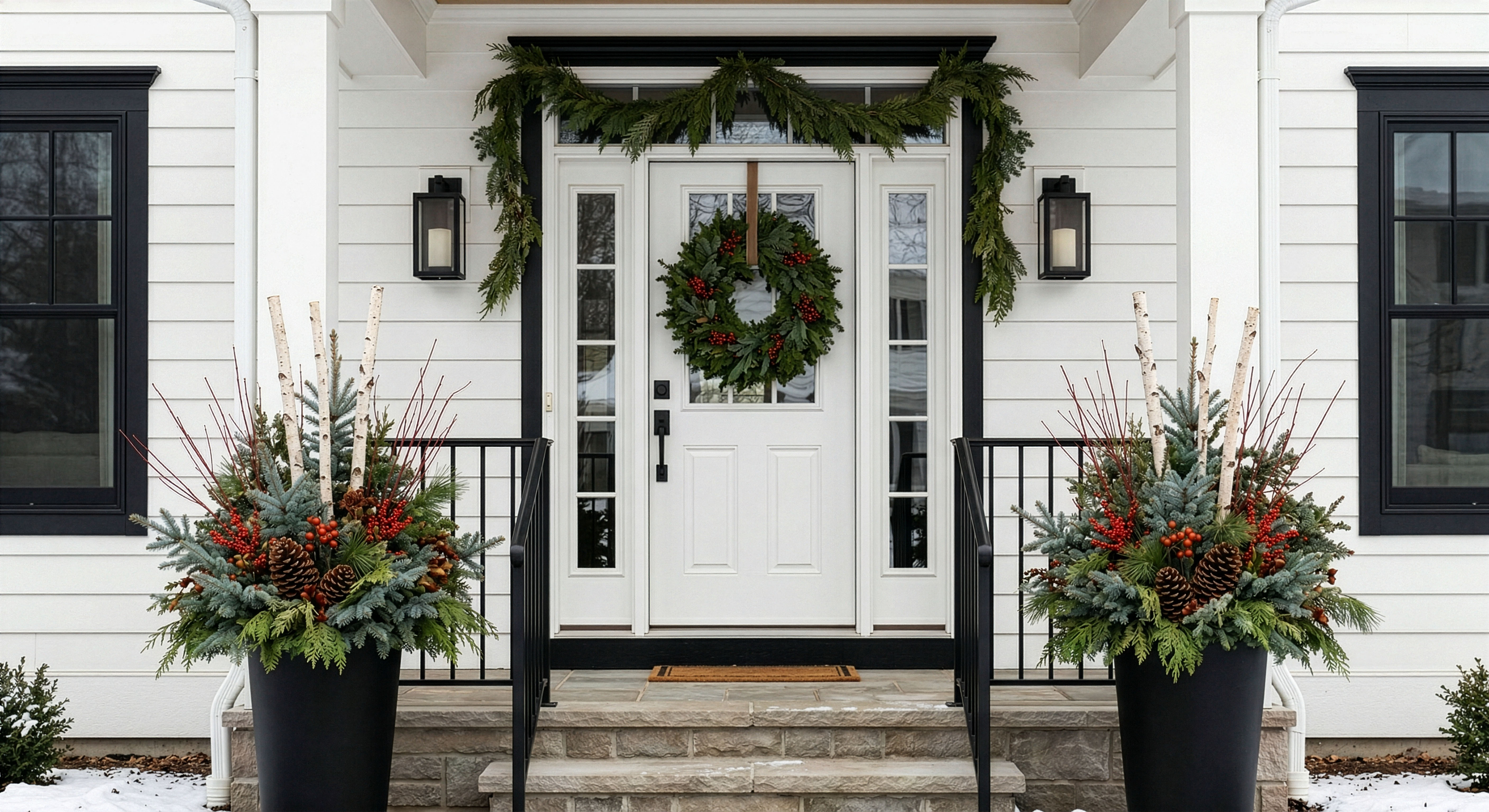 Fresh winter greenery containers on a front porch