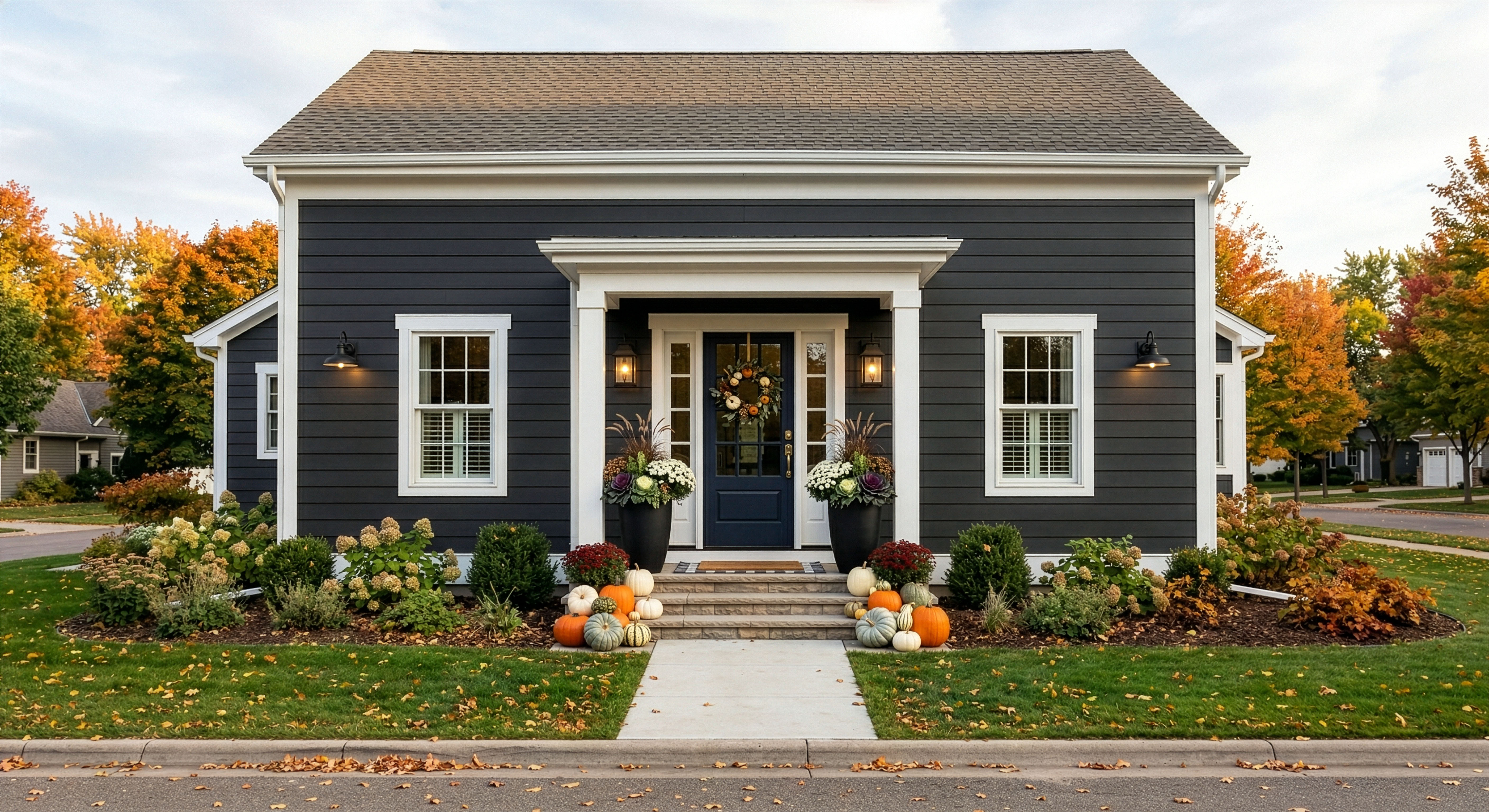 Curated pumpkin display with mums and layered fall styling