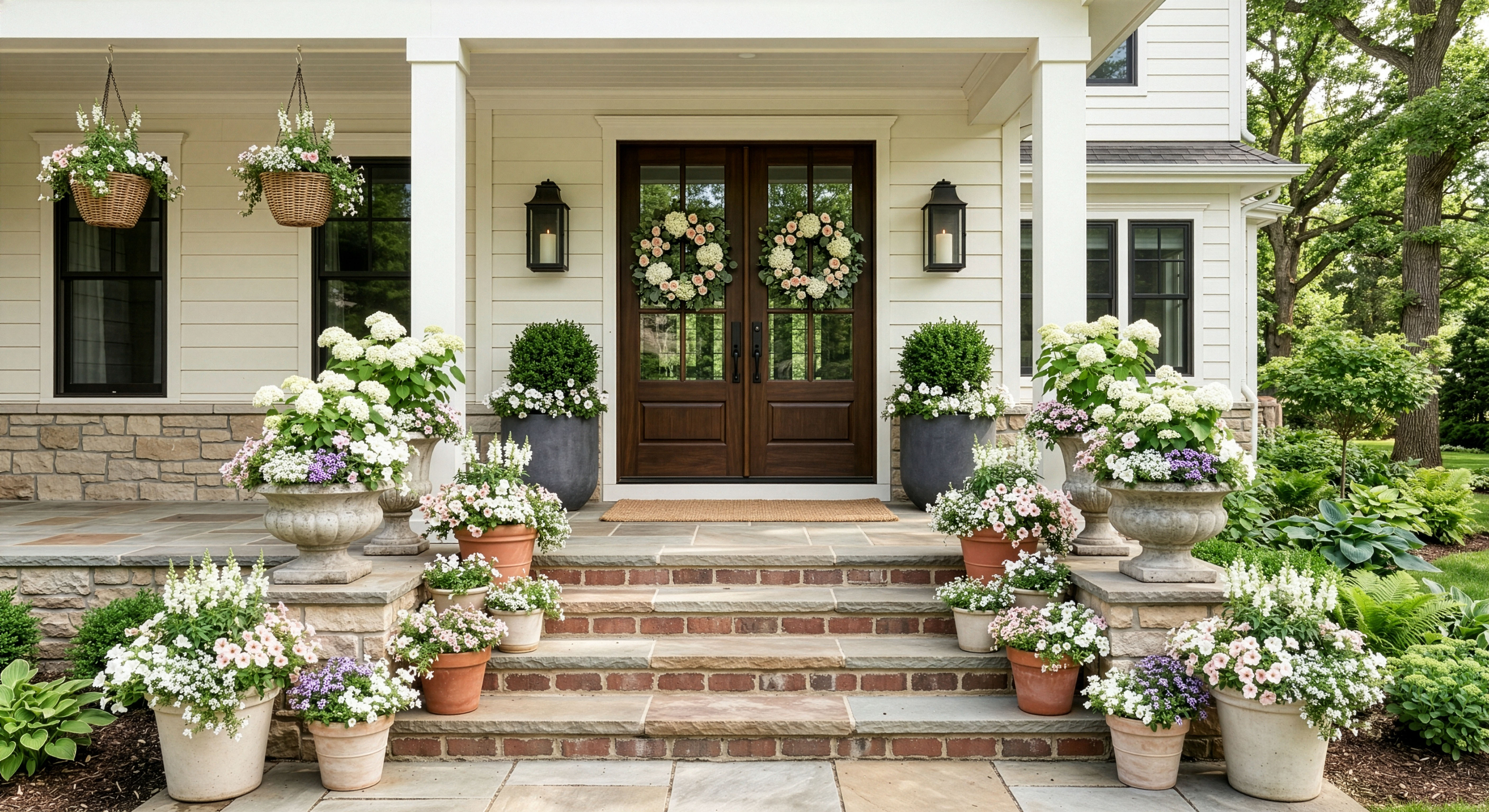 Front porch after RoostPop spring installation with lush container plantings