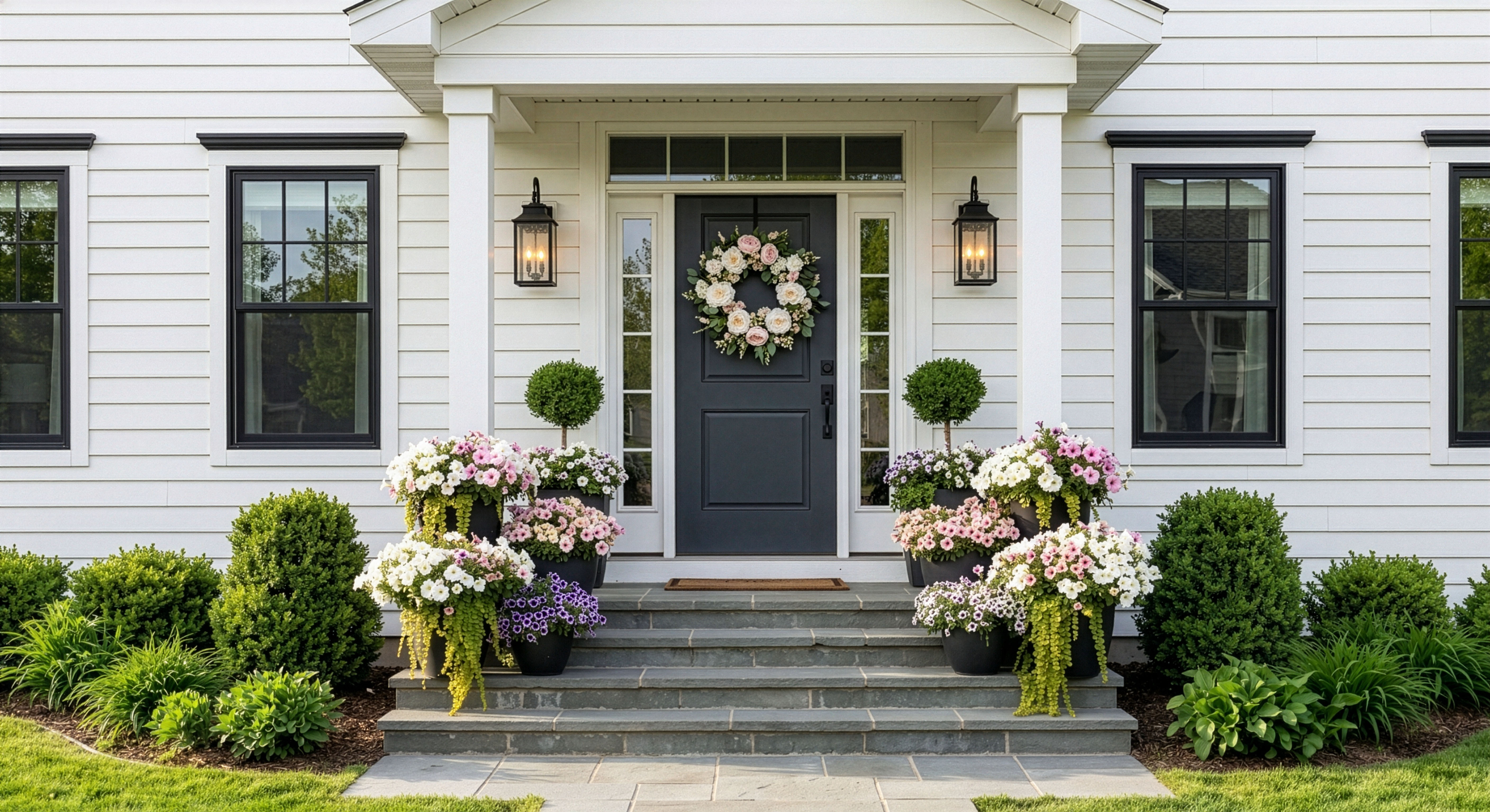 Front entry with layered spring planters and violas