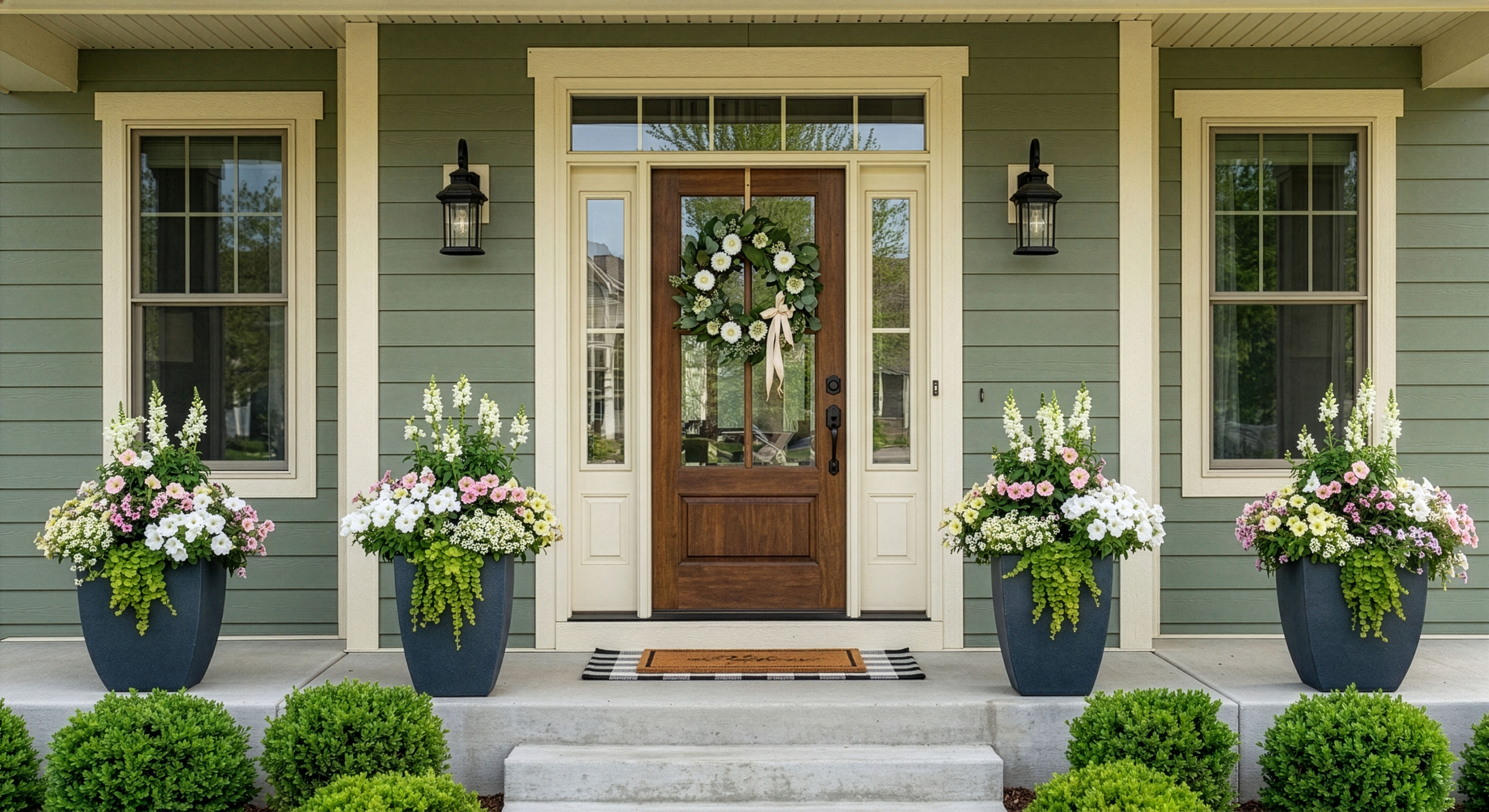 Front porch with lush spring container plantings and colorful flowers