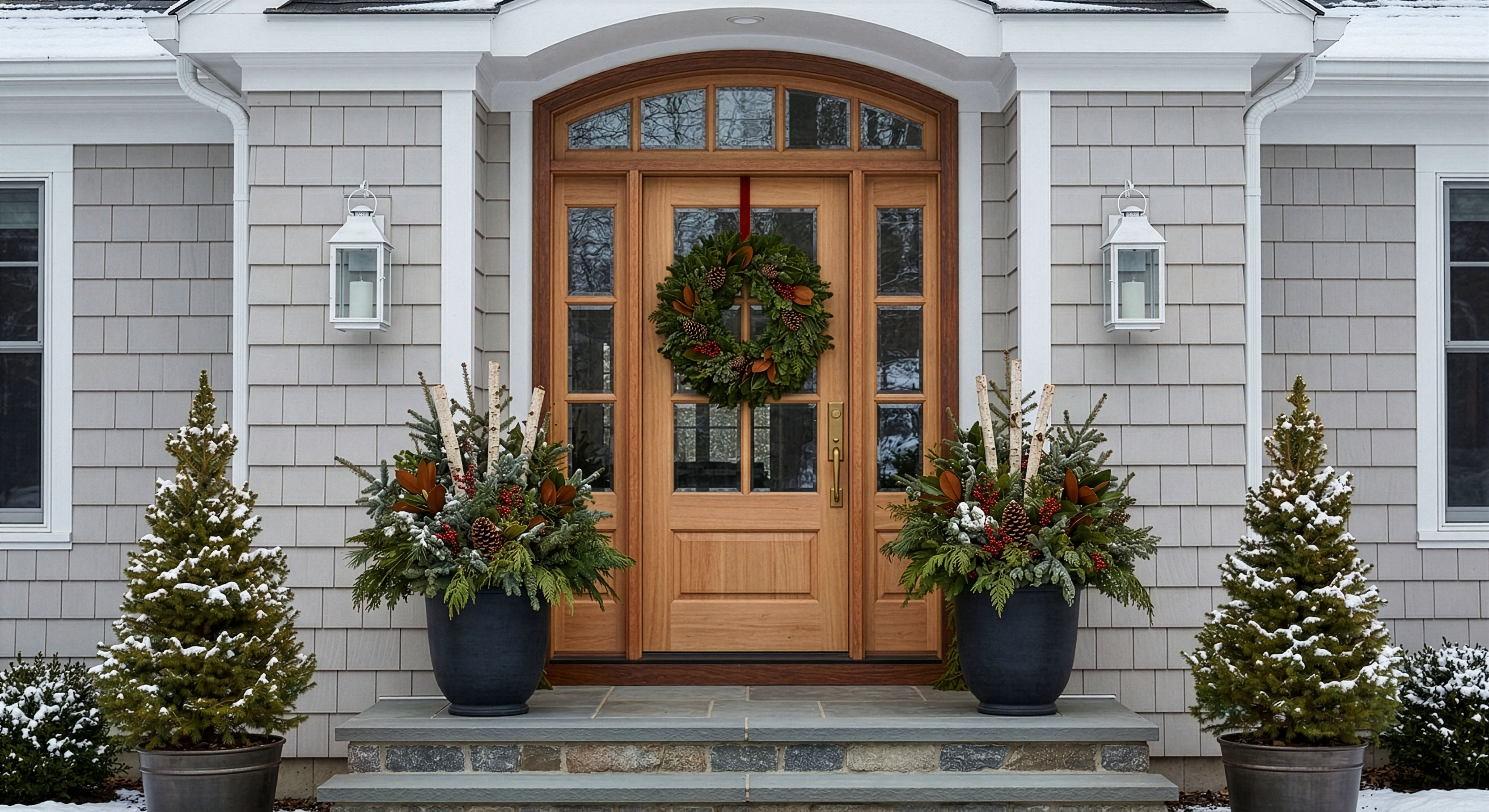 Front porch with fresh Christmas greenery, pine boughs, and natural winter arrangements