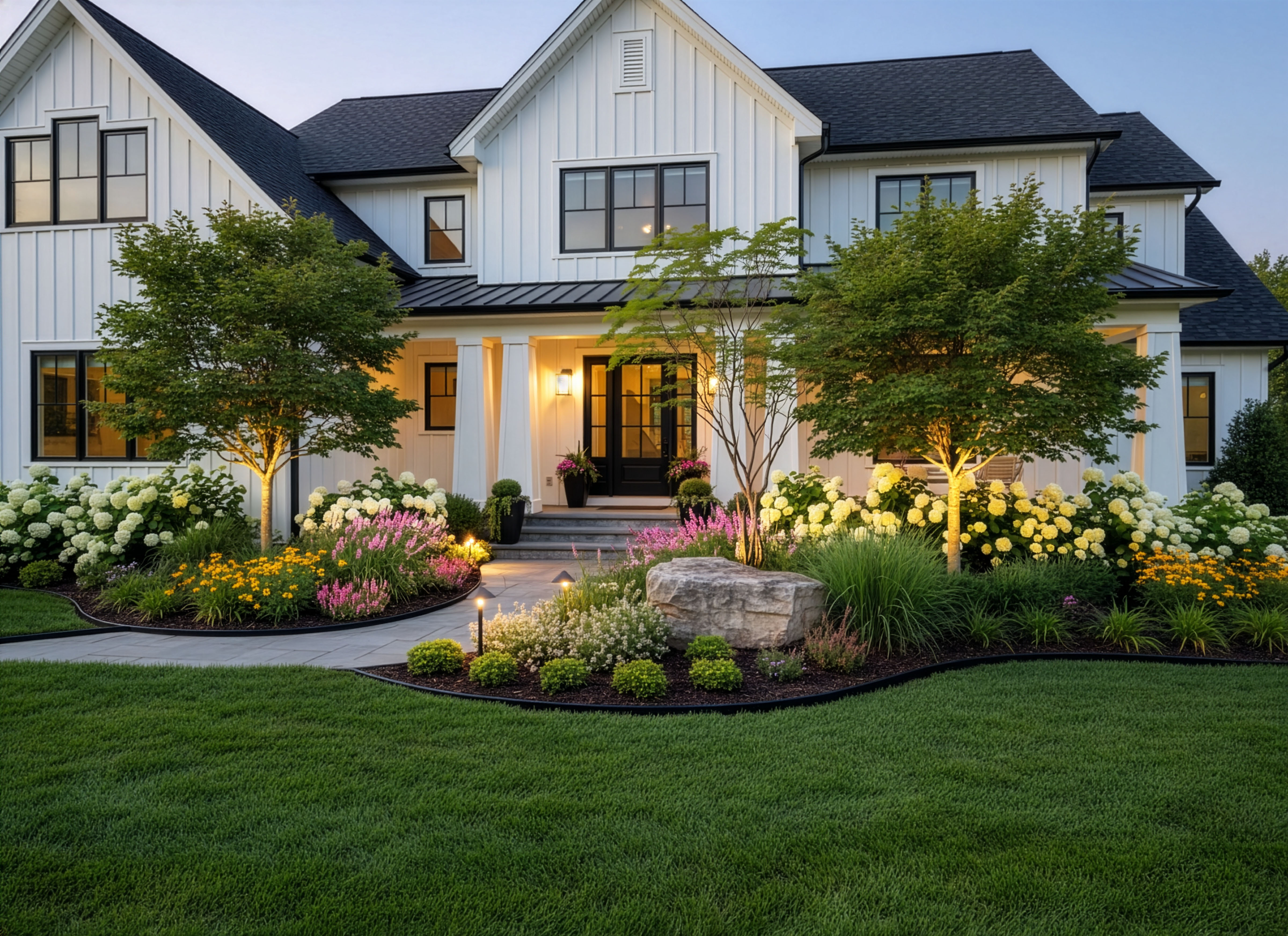Layered garden beds connecting a home, lawn, and entry